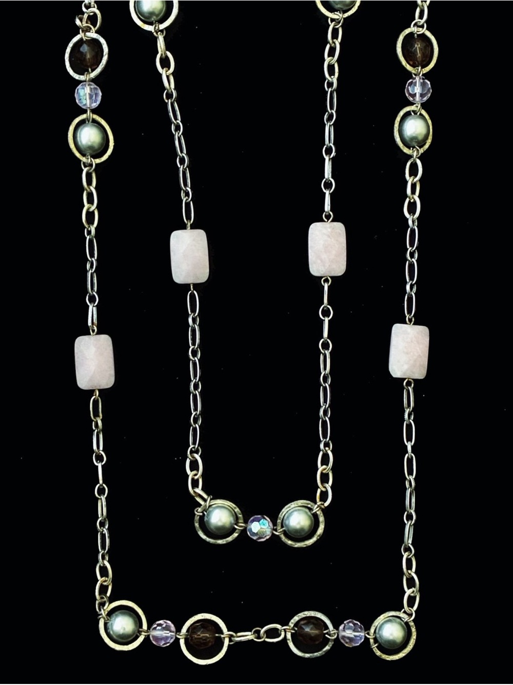 Double Layered Silver-Tone Rose Quartz / Pearl Station Necklace